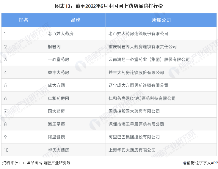 图表13：截至2022年6月中国网上药店品牌排行榜